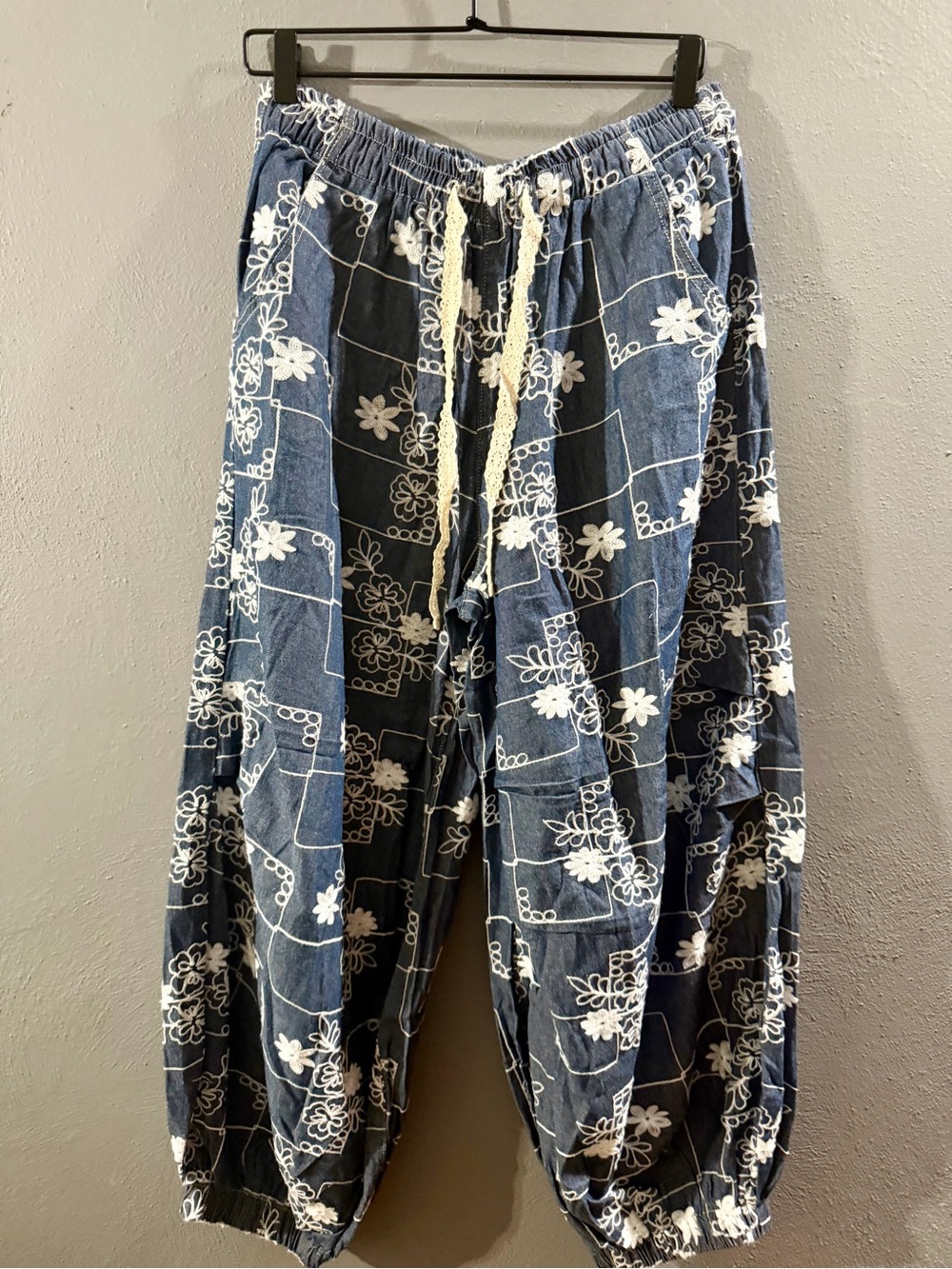 POL Blue Embroidered Floral Drawstring Track Joggers